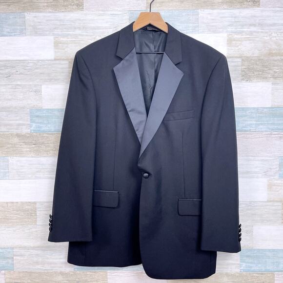 Jos A Bank Notch Collar Tuxedo Suit Black Mens 44R Jacket 40x31 Pleated Pants - Picture 2 of 15
